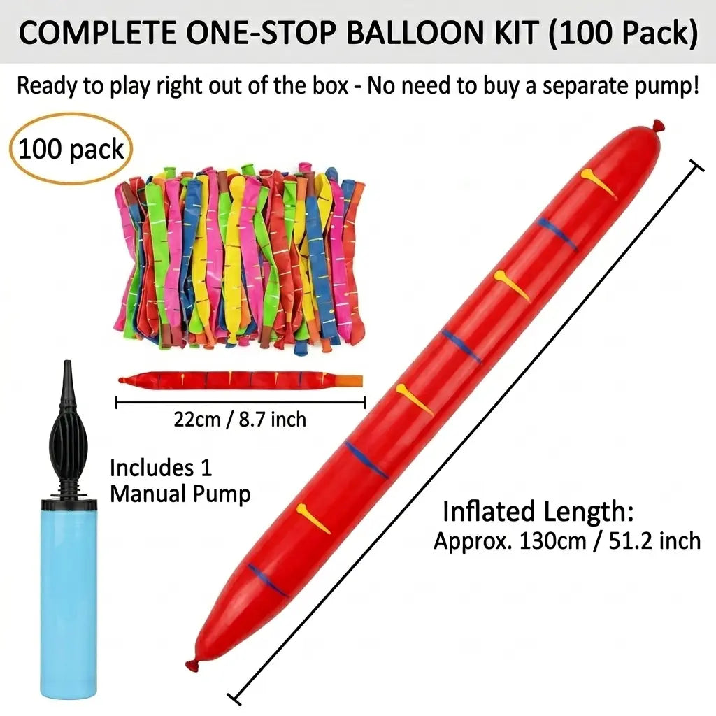 100-Pack Rocket Balloon Set, Balloon Party Supplies with Aerodynamic Tip, Easy-Filling Pump, Reusable No-Refill Design for Outdoor & Indoor Fun, Kids Stuff, Toys for Boys, Gifts for Kids, Mother's Day Gift Option