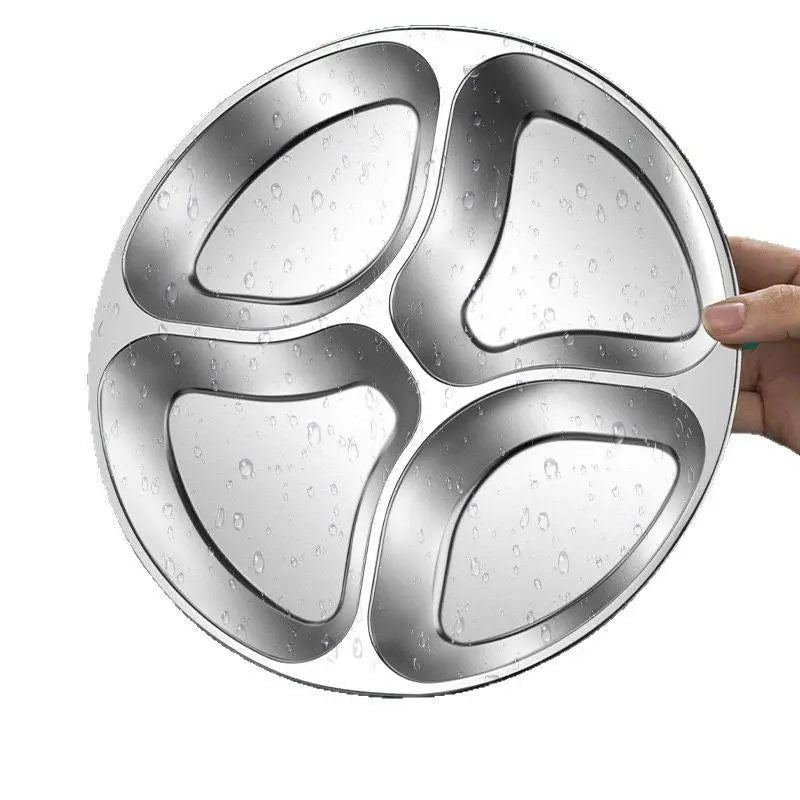 4-Compartment Stainless Steel Divided Plate, Reusable Round Meal Prep Tray for Kitchen, Camping & Picnics