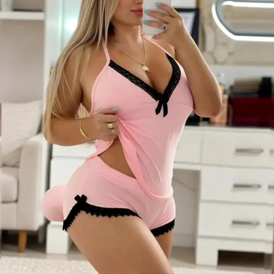 Women's 2 Piece Lace Pajama Set, Sleeveless Cami Top & Shorts Loungewear for Summer Sleepwear & Home Relaxation