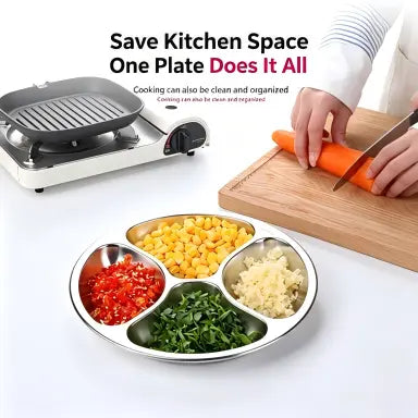 4-Compartment Stainless Steel Divided Plate, Reusable Round Meal Prep Tray for Kitchen, Camping & Picnics