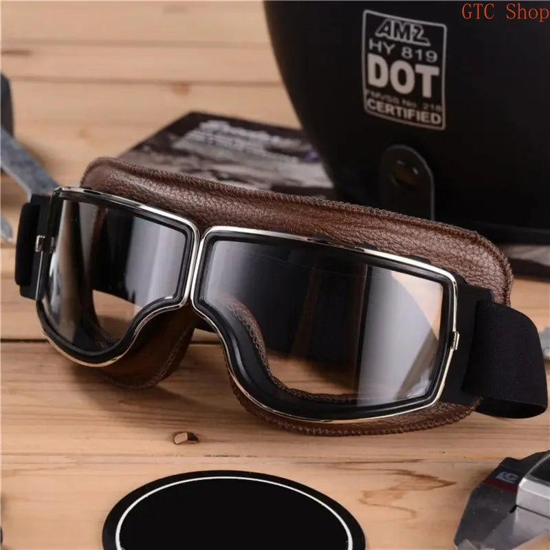 Vintage Leather-Trim Motorcycle Aviator Goggles with Adjustable Strap