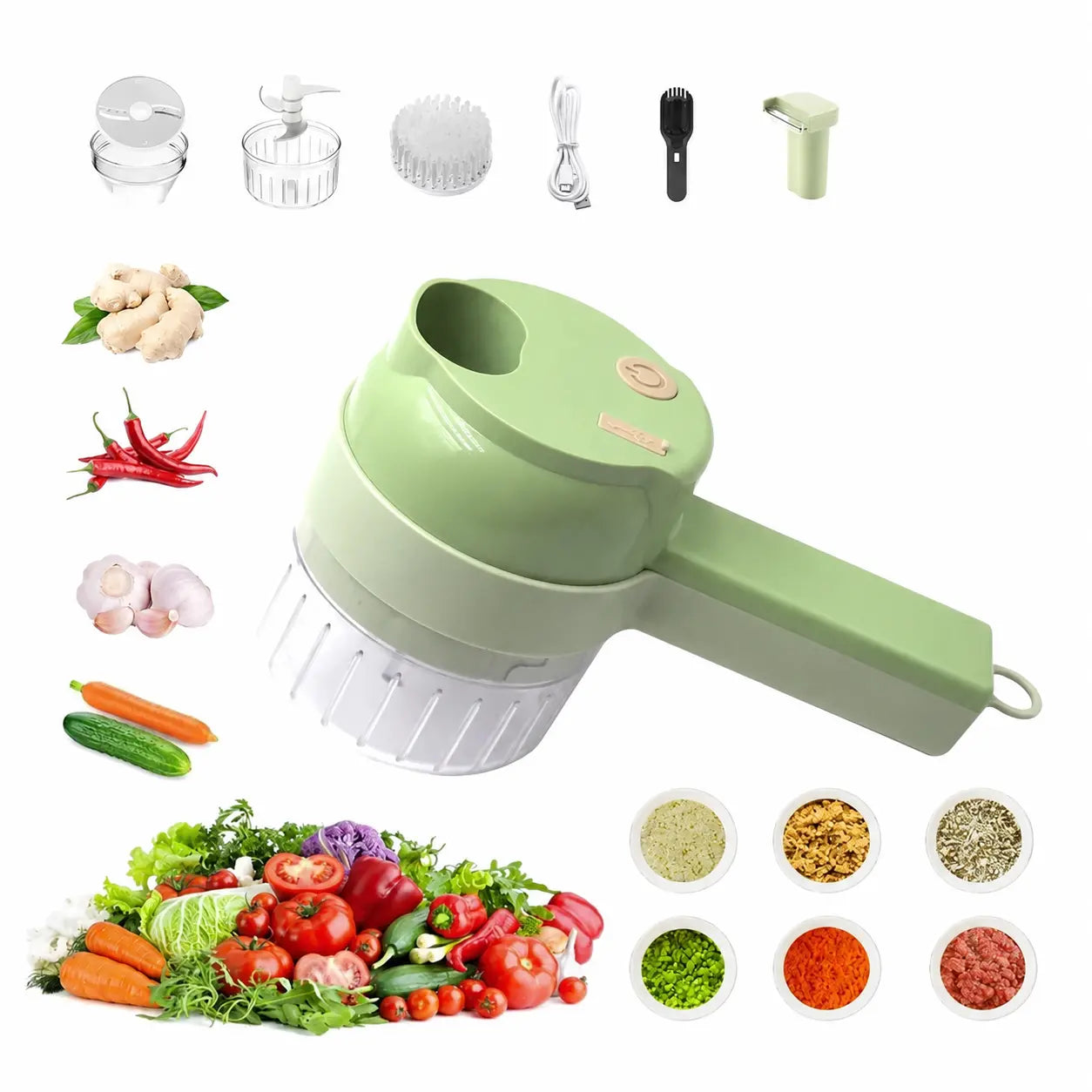 4-in-1 Handheld Electric Food Chopper with Chopping Blade, Slicer & Mixer for Garlic, Vegetables, Eggs & Salads