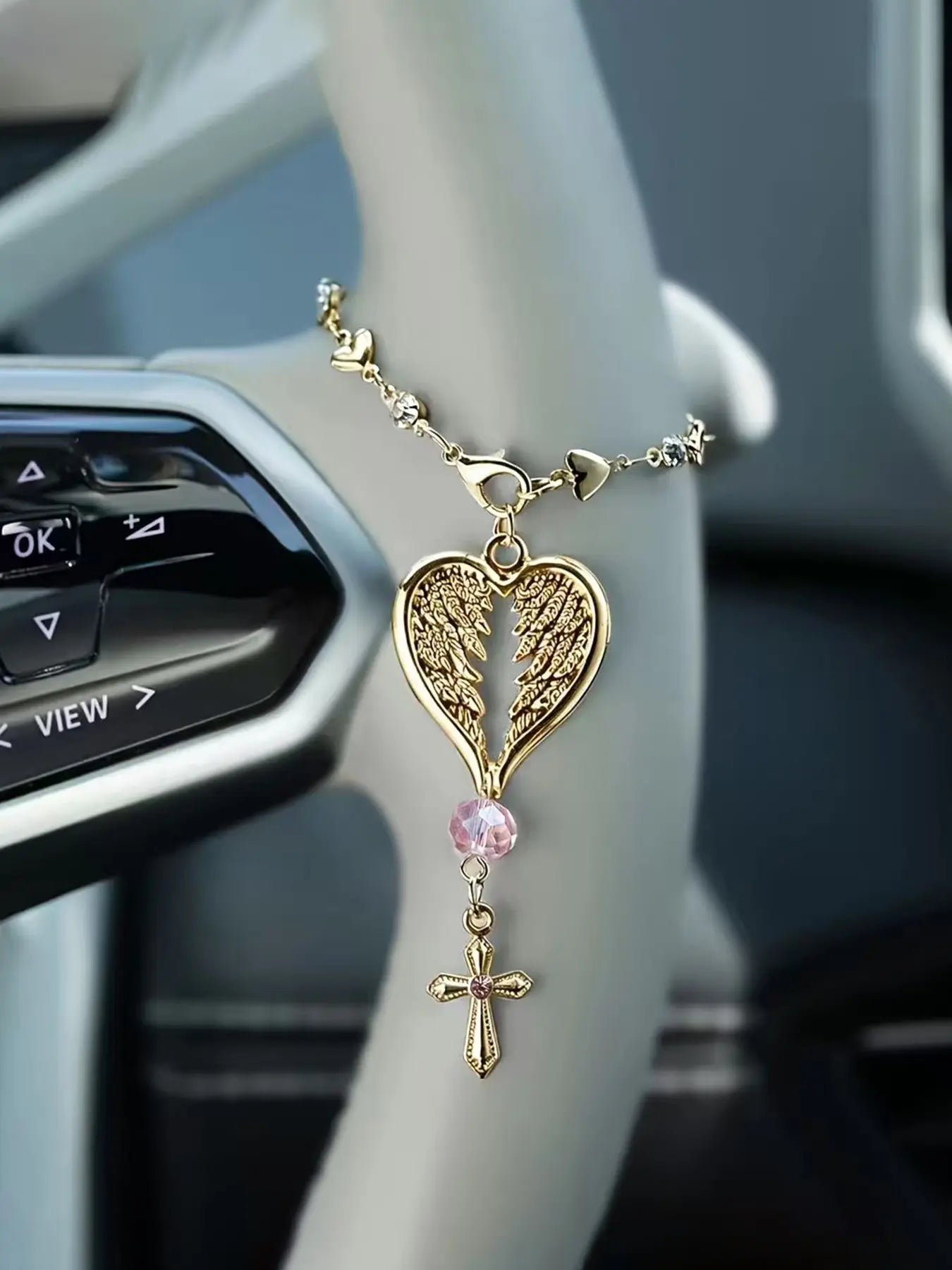 Feather Cross Steering Wheel Hanging Ornament, Stylish Car Interior Decoration & Aesthetic Auto Accessory