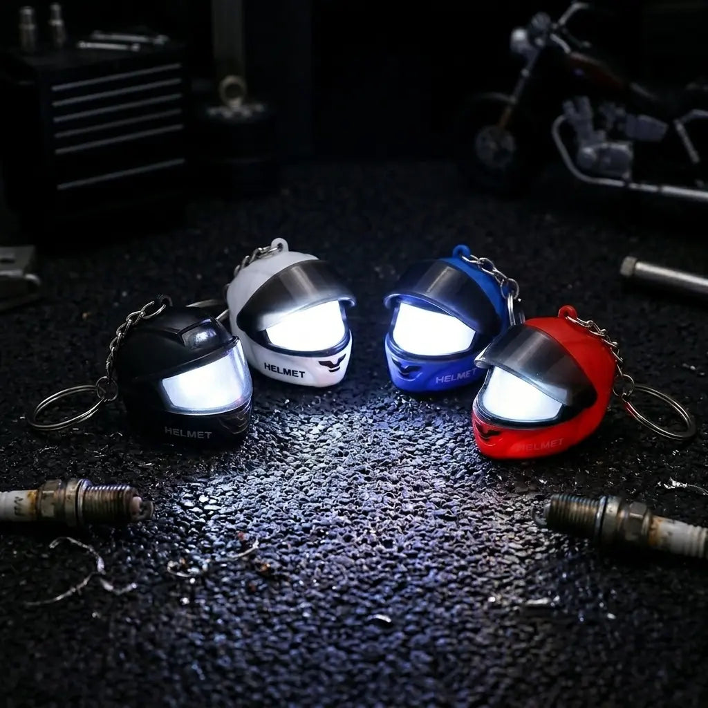Mini LED Helmet Keychain with Light-Up Visor, Motorcycle Bag Charm & Backpack Pendant Gift for Riders