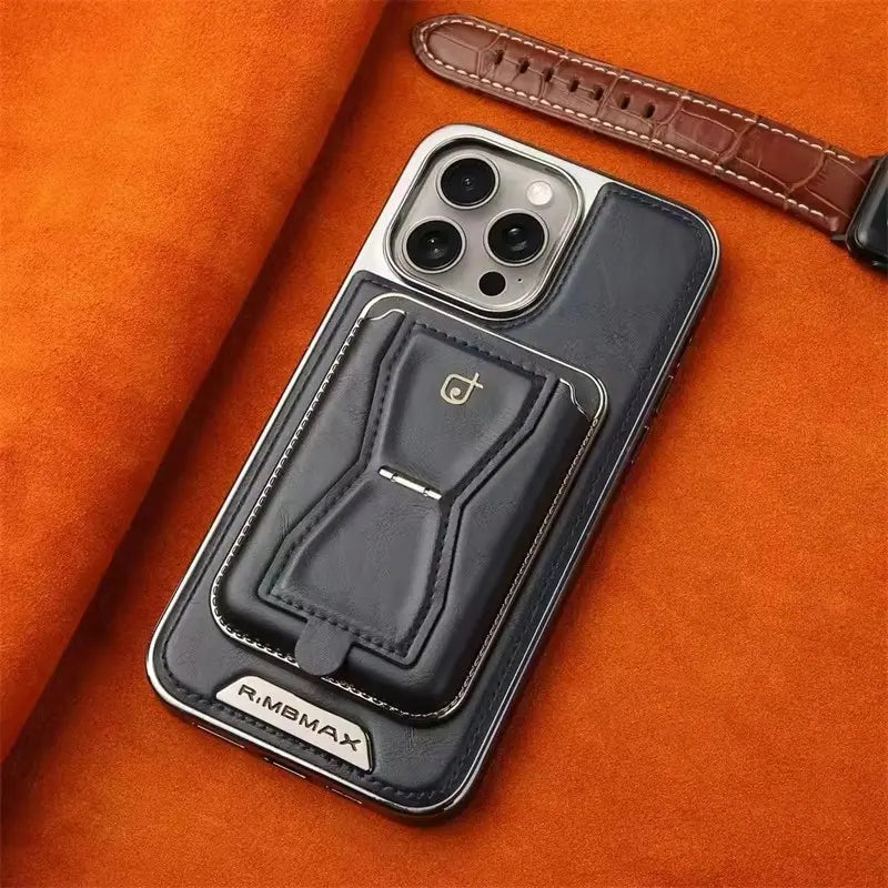 Premium Magnetic Leather Phone Case with 2-Card Wallet Holder & Foldable Kickstand for iPhone