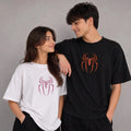 Retro Spider Web Matching T-Shirts, Halloween Graphic Couple Tees for Boyfriend & Girlfriend, Oversized Casual Streetwear Tops