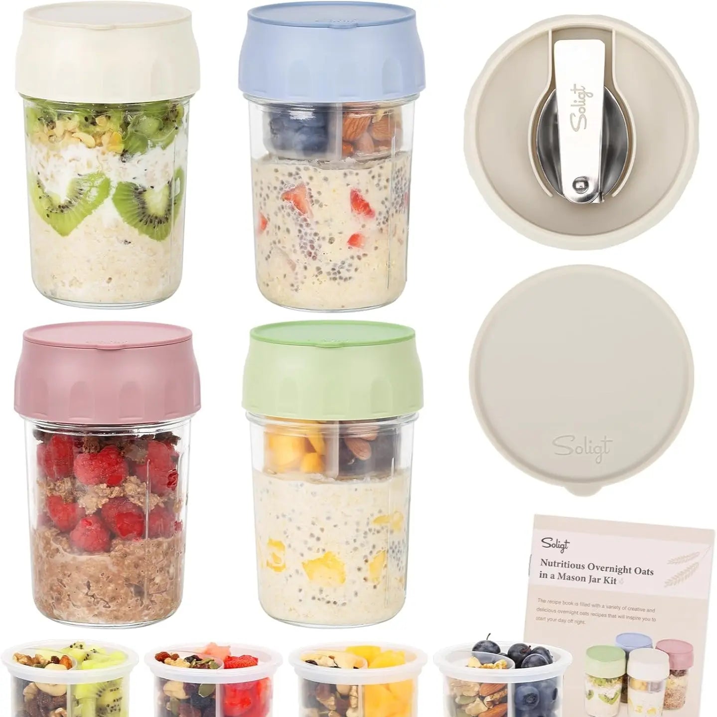 16oz Overnight Oats Containers with Folding Spoon & Divided Compartments, Portable Glass Jars for Oatmeal, Yogurt, Fruit & Meal Prep