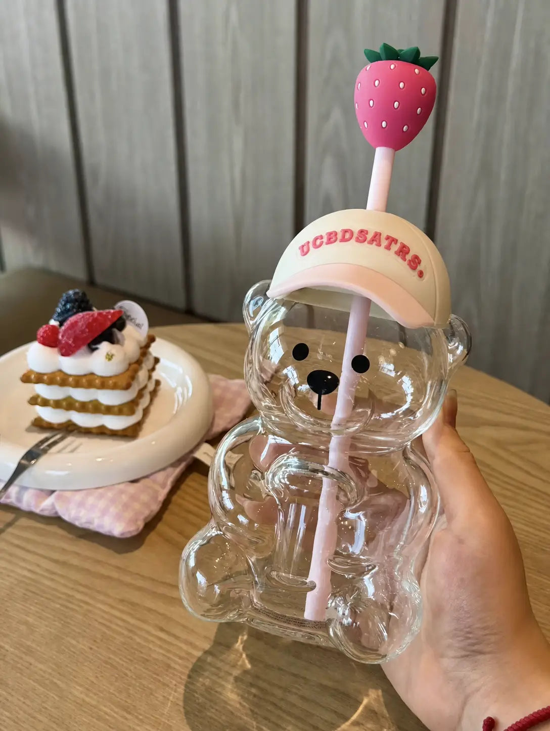20oz Bear Glass Tumbler with Lid & Strawberry Straw for Cold Drinks