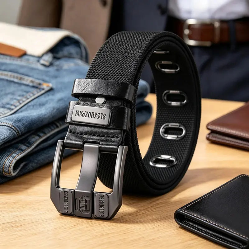 Unisex Eyelet-Free Adjustable Waist Belt with Square Alloy Buckle