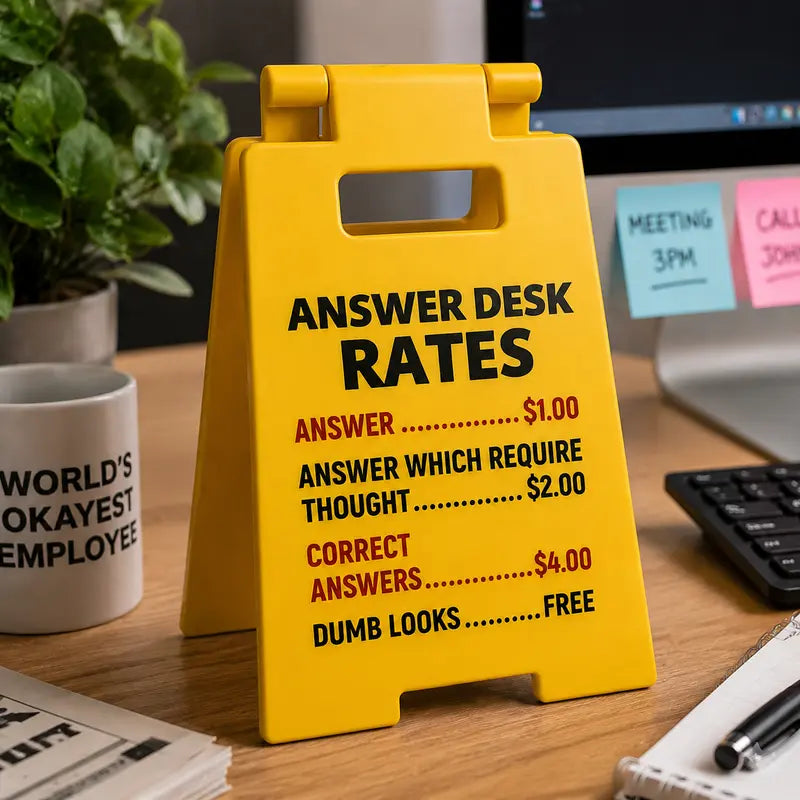 Funny Office A-Frame Sign “Answer Desk Rates” – Humorous Work Desk Decor Plaque, Meme Business Price List Prop, Viral Office Gag Gift