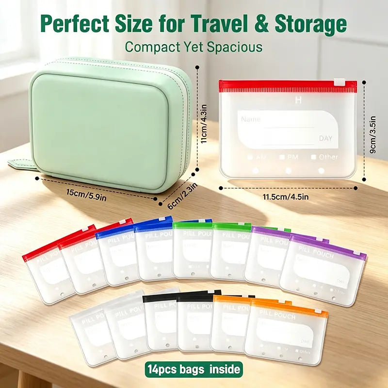 14-Piece Waterproof Pill Organizer Set with Zipper Pouches, Color-Coded Storage Bags for Vitamins, Supplements, Fish Oil & Travel Essentials
