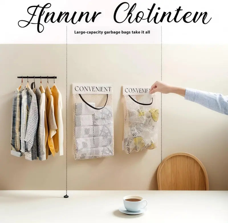 Wall-Mounted Mesh Bag Dispenser & Hanging Organizer for Grocery Bags, Trash Bags, Socks, Underwear & Closet Storage