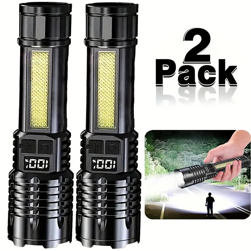 Rechargeable LED Flashlight with 5 Modes, Zoomable Beam & LCD Digital Display for Camping, Hiking, Fishing & Emergency Use