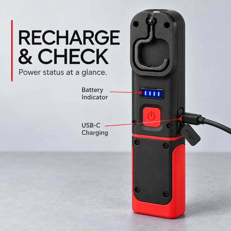 USB-C Rechargeable COB LED Work Light with Magnetic Base & Swivel Hook