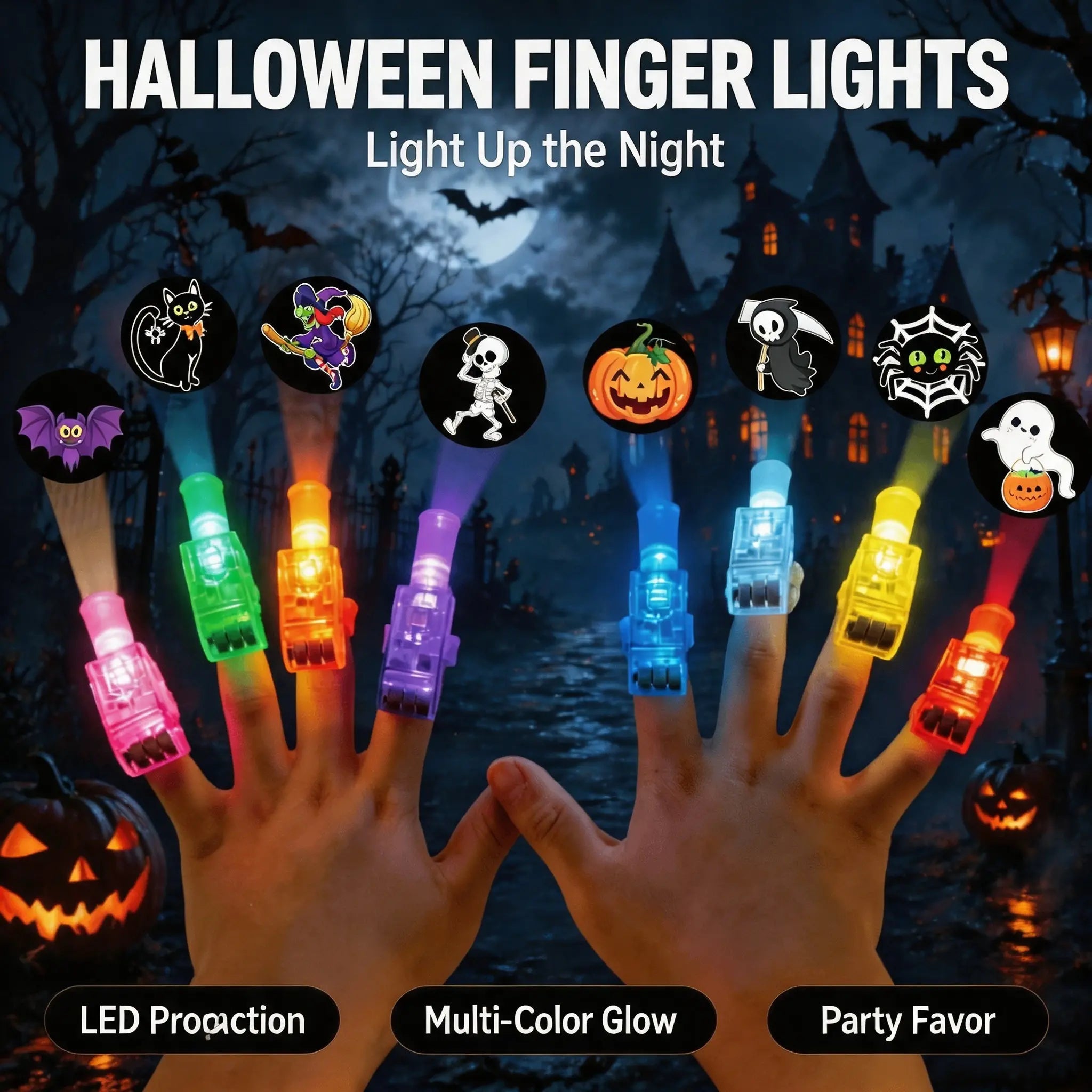 Halloween LED Finger Projector Lights with Pumpkin, Ghost, Witch & Bat Patterns for Trick-or-Treat Bags & Party Decor