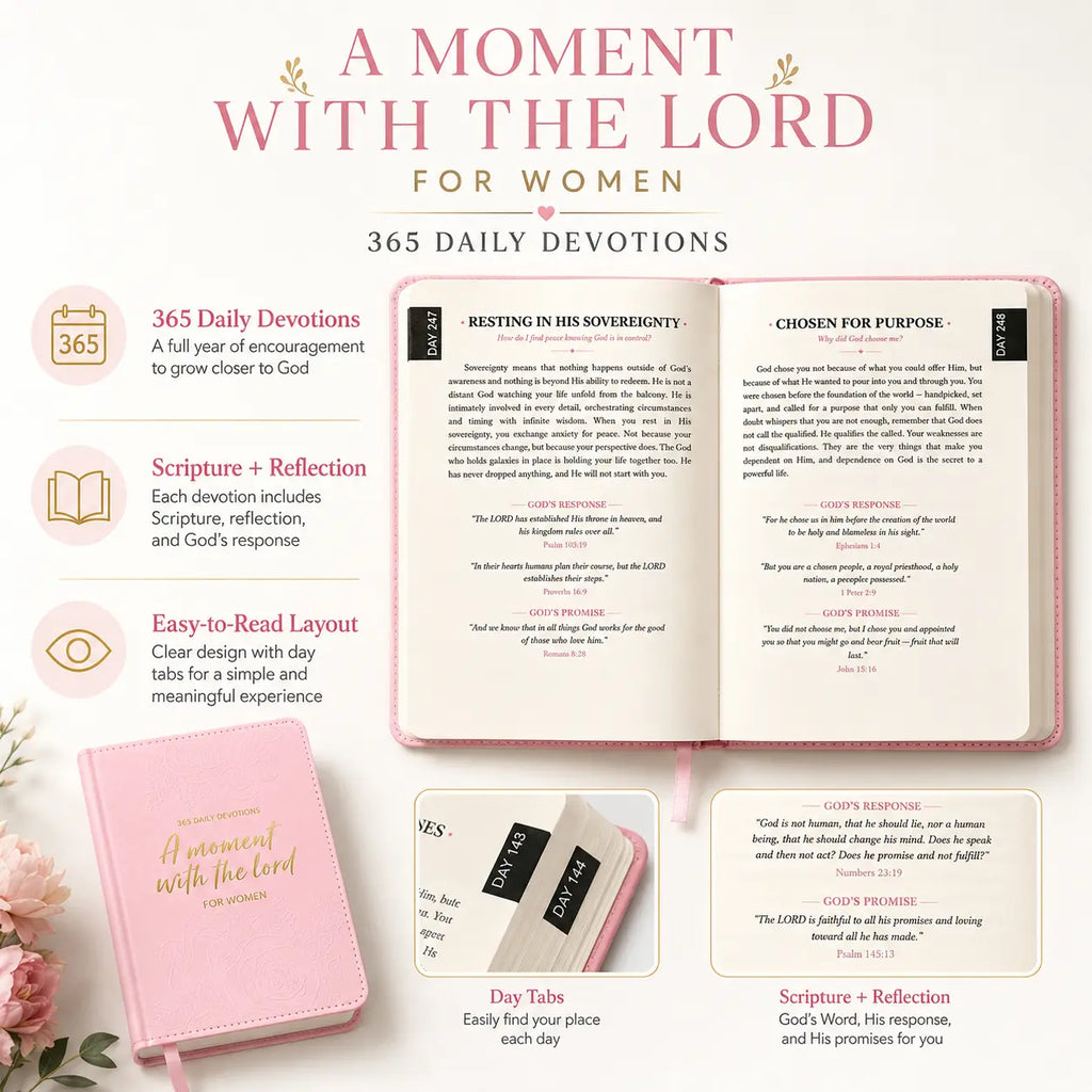 A Moment With The Lord Women’s 365-Day Study Bible, Embossed Faux Leather Devotional Journal & Inspirational Christian Gift for Her
