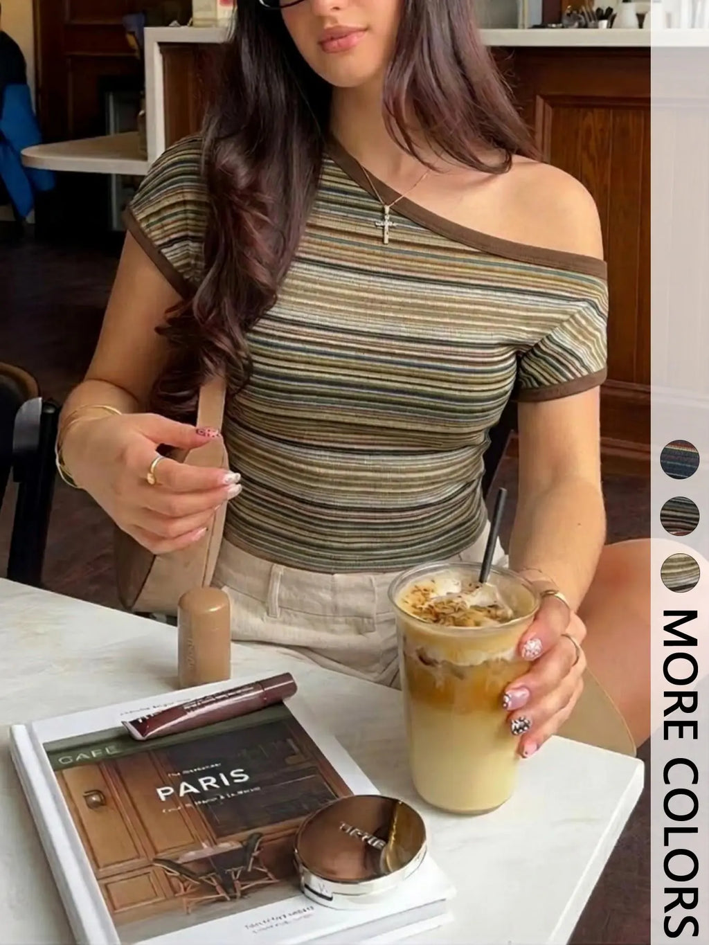 Women's Multi-Color Stripe One-Shoulder T-Shirt, Stretch Knit Slim-Fit Top for Casual, Date & Streetwear Looks