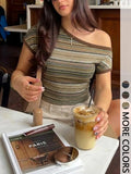 Women's Multi-Color Stripe One-Shoulder T-Shirt, Stretch Knit Slim-Fit Top for Casual, Date & Streetwear Looks