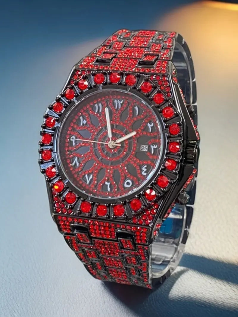 Men’s Iced-Out Rhinestone Dial Quartz Watch