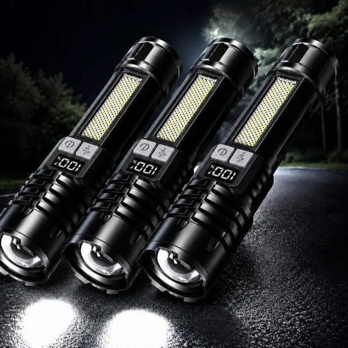 Rechargeable LED Flashlight with 5 Modes, Zoomable Beam & LCD Digital Display for Camping, Hiking, Fishing & Emergency Use
