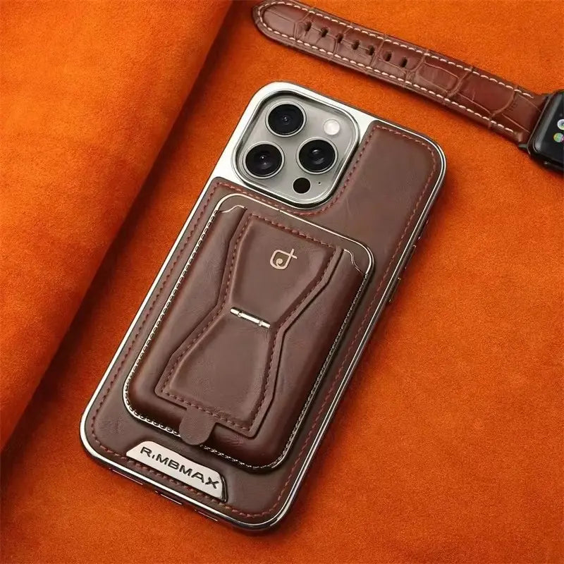 Premium Magnetic Leather Phone Case with 2-Card Wallet Holder & Foldable Kickstand for iPhone