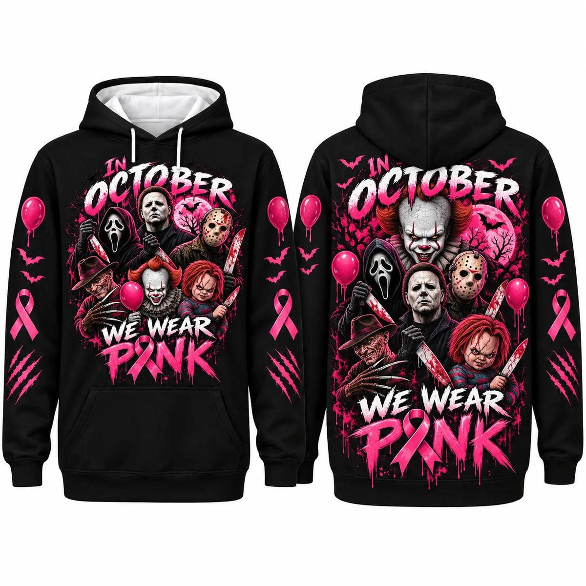 In October We Wear Pink Spooky Halloween Pink Ribbon Hoodie