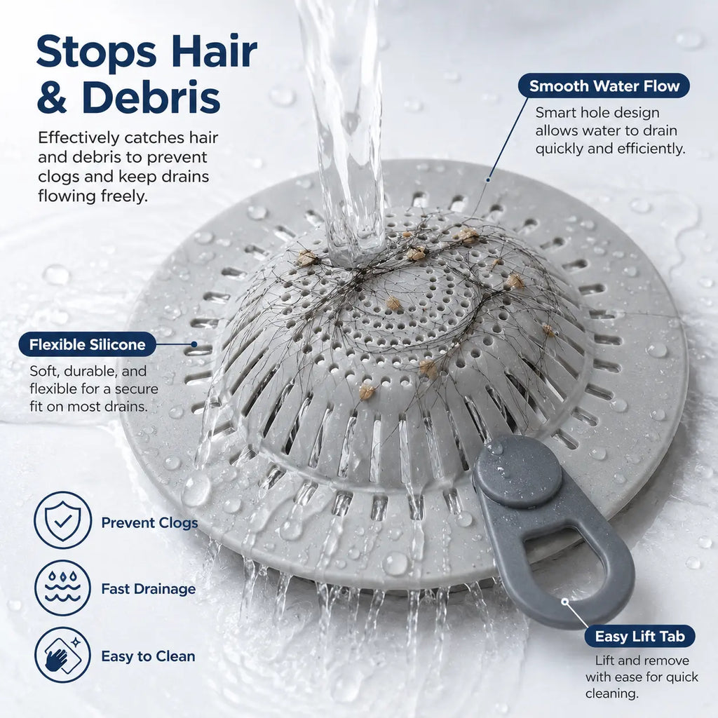 Flexible Silicone Drain Hair Catcher with Lift Handle for Shower, Bathtub, Bathroom Sink & Utility Sink