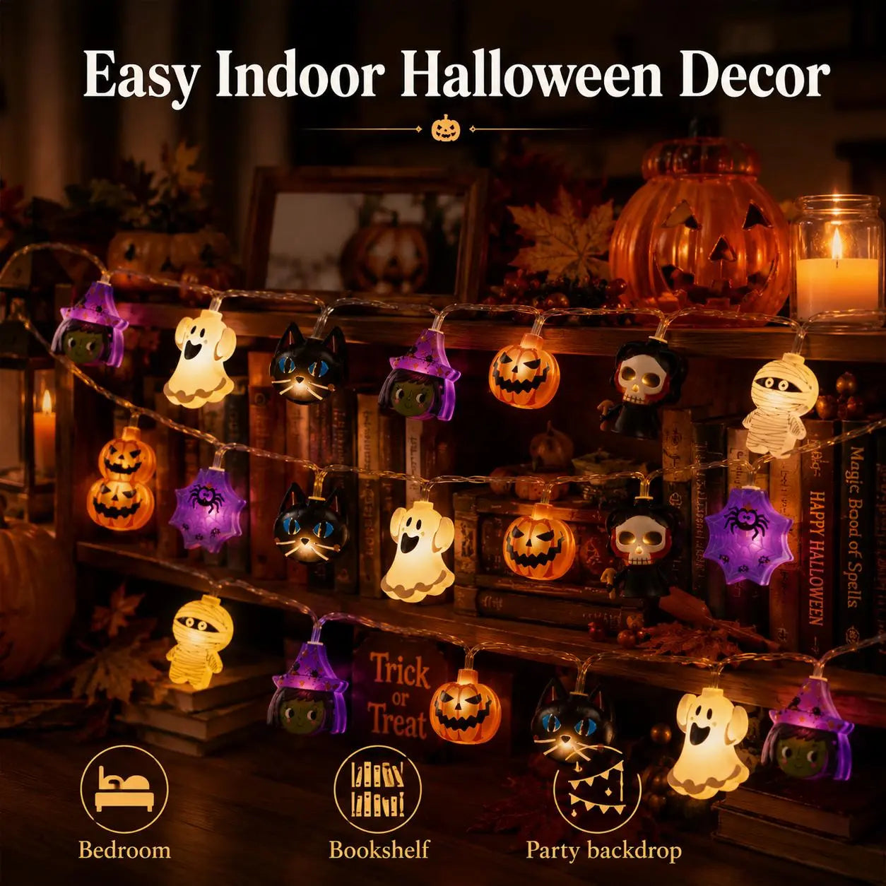 USB Pumpkin LED String Lights, 59–118in Warm Halloween Garland for Mantel, Window, Bedroom & Fall Decor