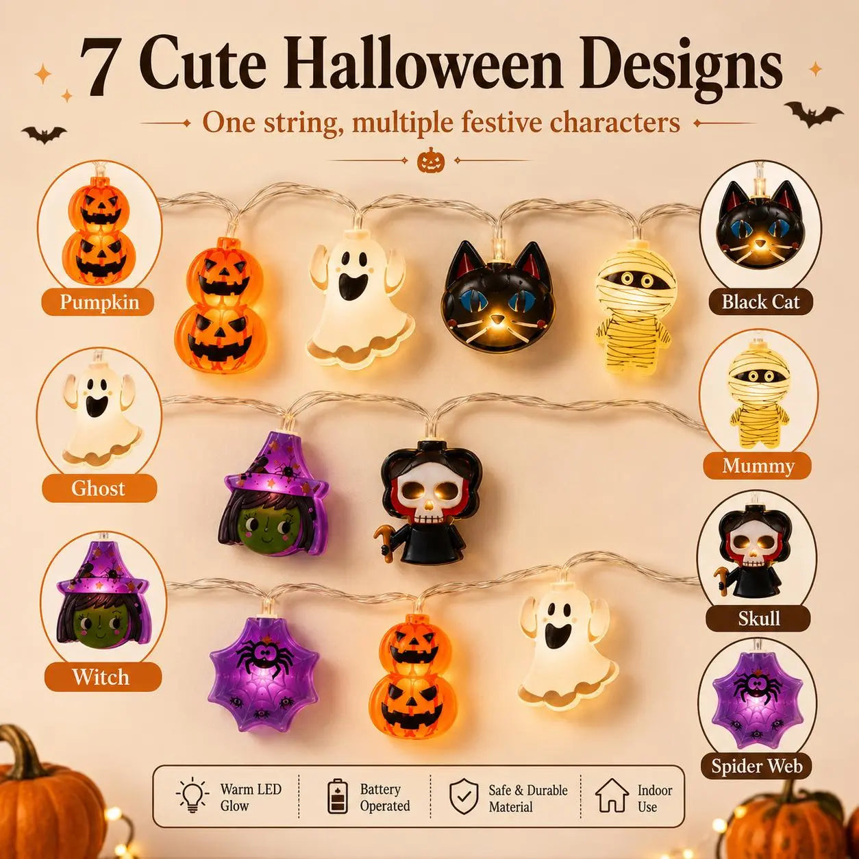 USB Pumpkin LED String Lights, 59–118in Warm Halloween Garland for Mantel, Window, Bedroom & Fall Decor