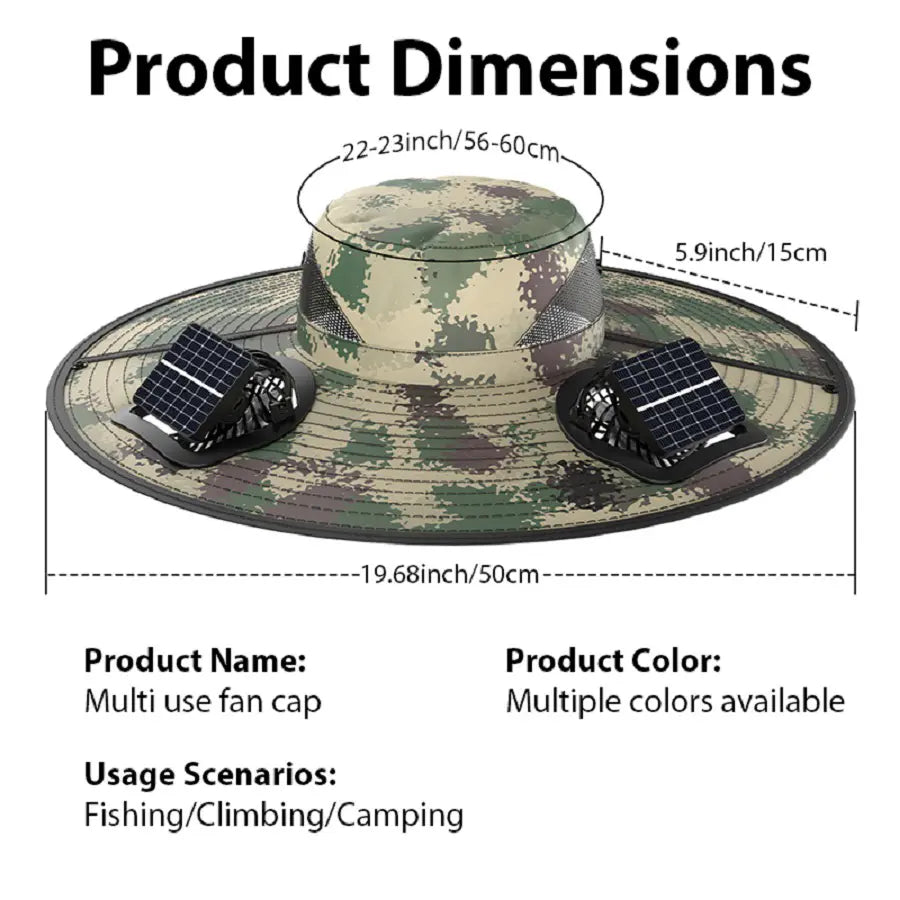 Wide-Brim Solar Fan Sun Hat for Men with Dual Cooling Fans & Adjustable Chin Strap