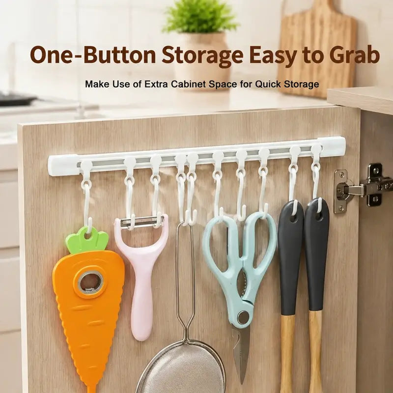 Adjustable 10-Hook Adhesive Slide Rail Wall Organizer, Hanging Storage Rack for Kitchen, Bathroom & Bedroom