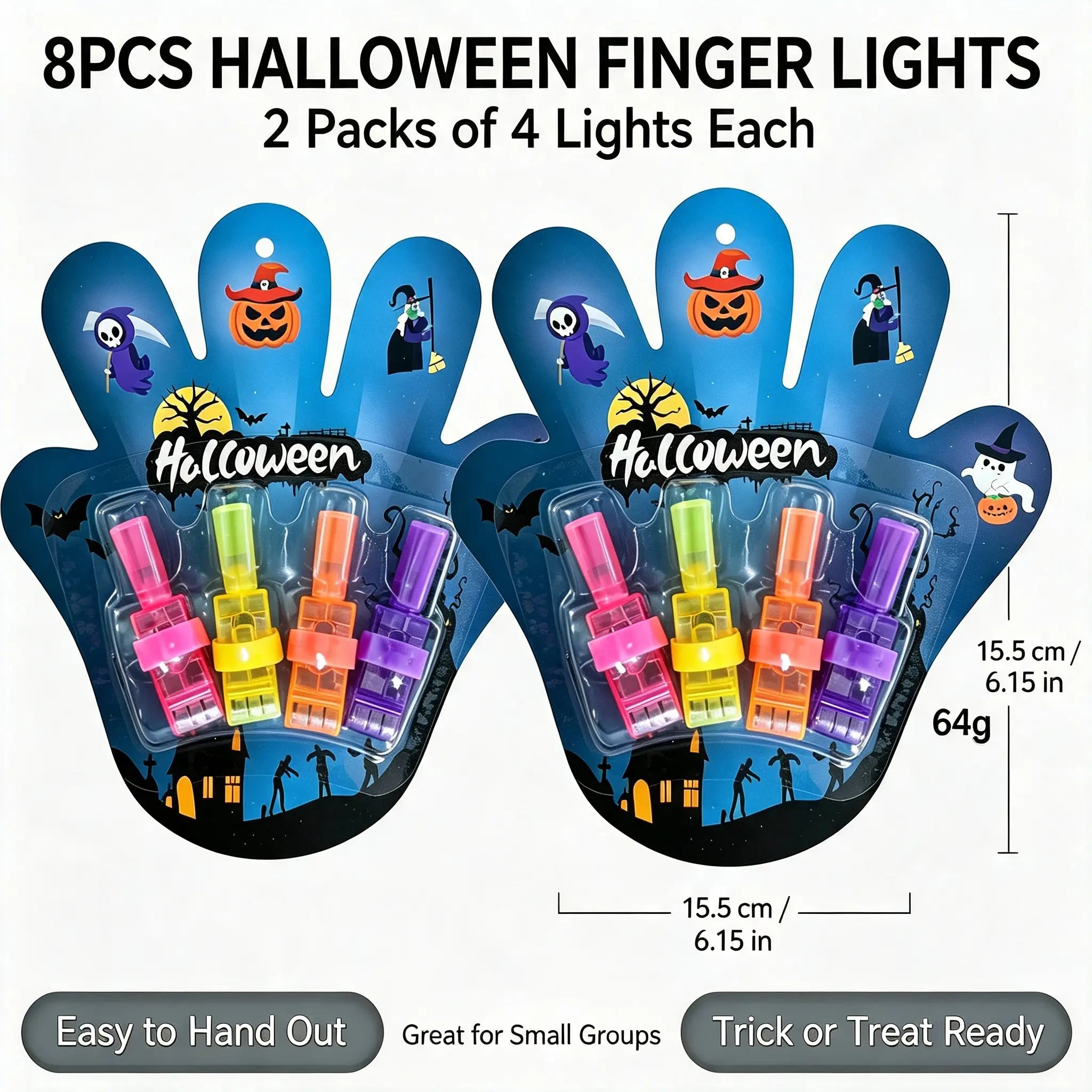 Halloween LED Finger Projector Lights with Pumpkin, Ghost, Witch & Bat Patterns for Trick-or-Treat Bags & Party Decor