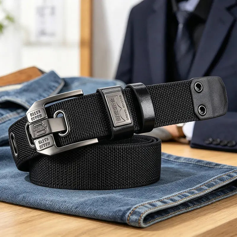 Unisex Eyelet-Free Adjustable Waist Belt with Square Alloy Buckle