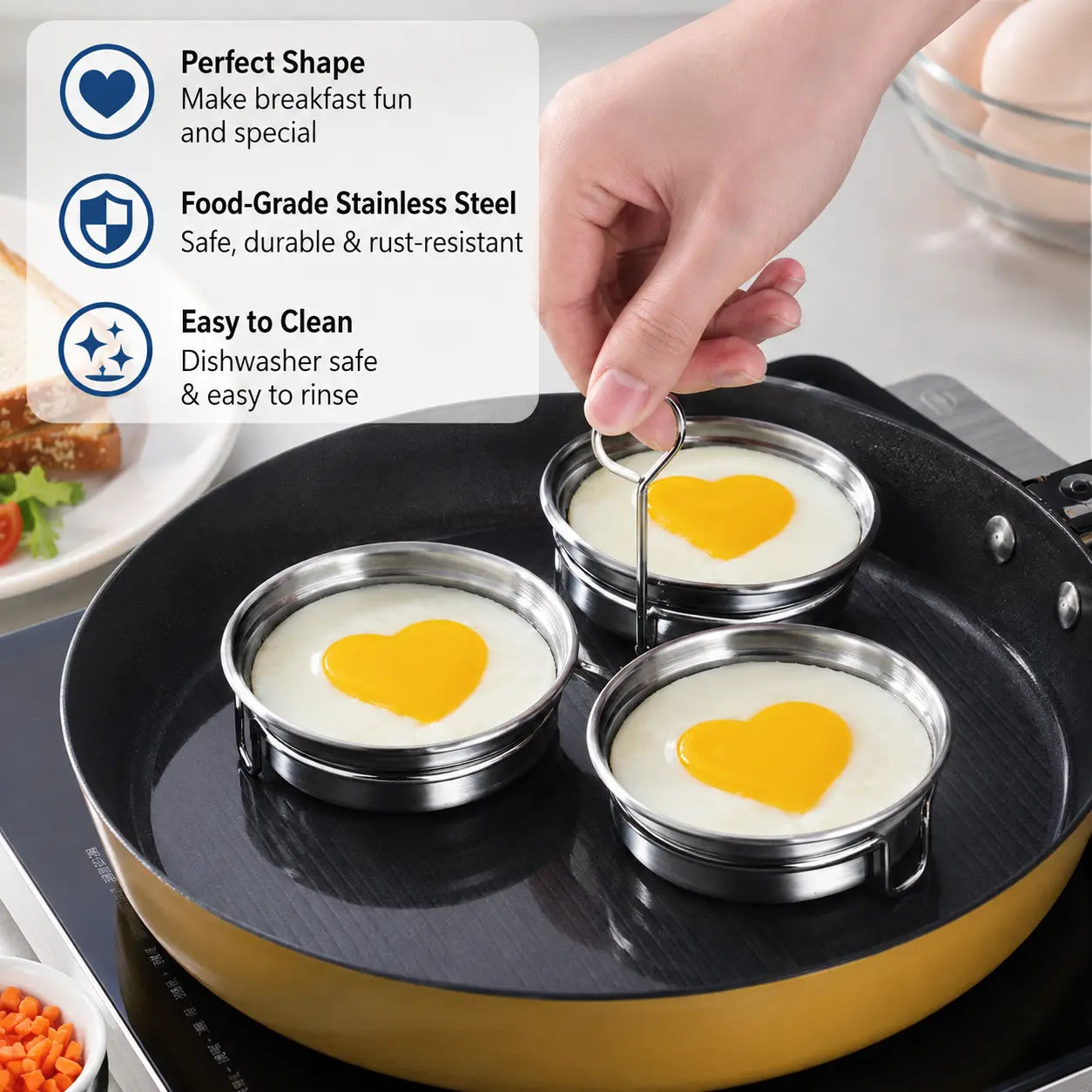 1 Count Stainless Steel Egg Poacher, 3 Cavity Steaming Egg Mold with Handle for Home Kitchen Steamed Egg and Dessert Making