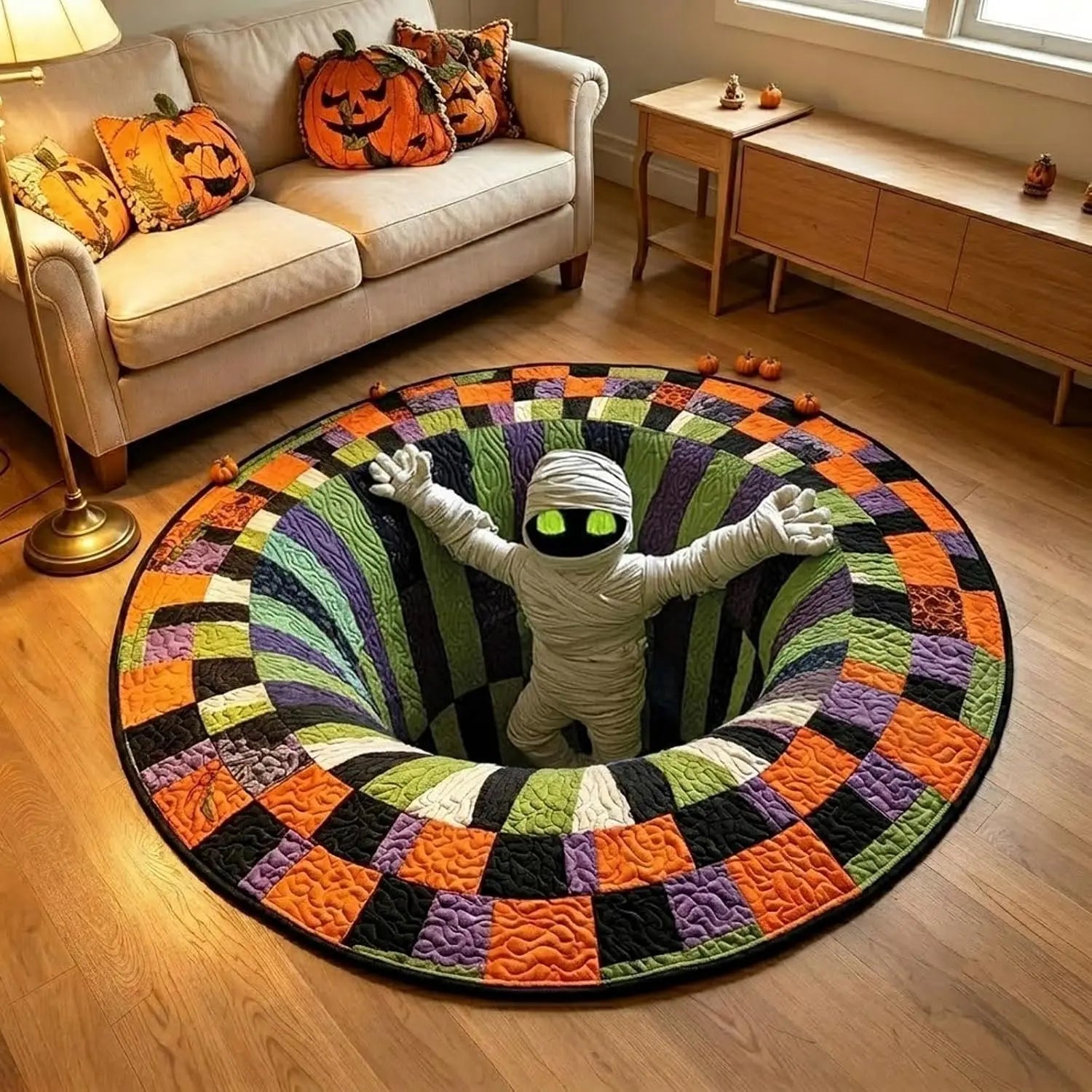 3D Skeleton Vortex Optical Illusion Round Rug, Soft Non-Slip Halloween Mat for Living Room & Indoor Decor