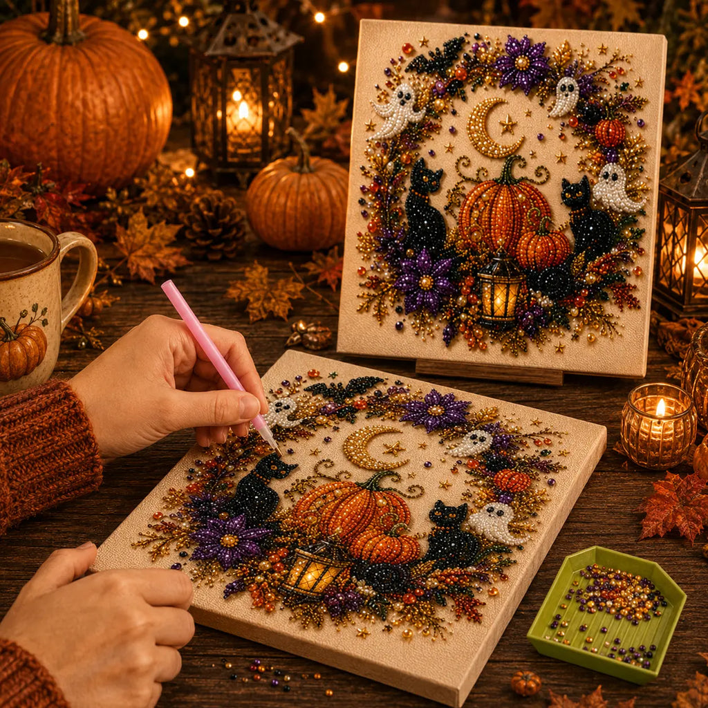 Halloween 5D Diamond Painting Kit with Tools, DIY Gem Art Canvas for Adults & Teens, Pumpkin Ghost Witch Cat Wall Decor Craft