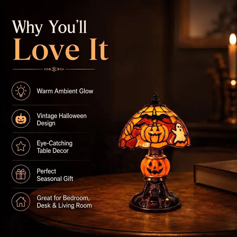 Retro Pumpkin & Bat Halloween Nightstand Lamp