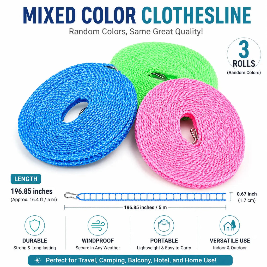 3-Pack Adjustable Non-Slip Clothesline – 196.85 in