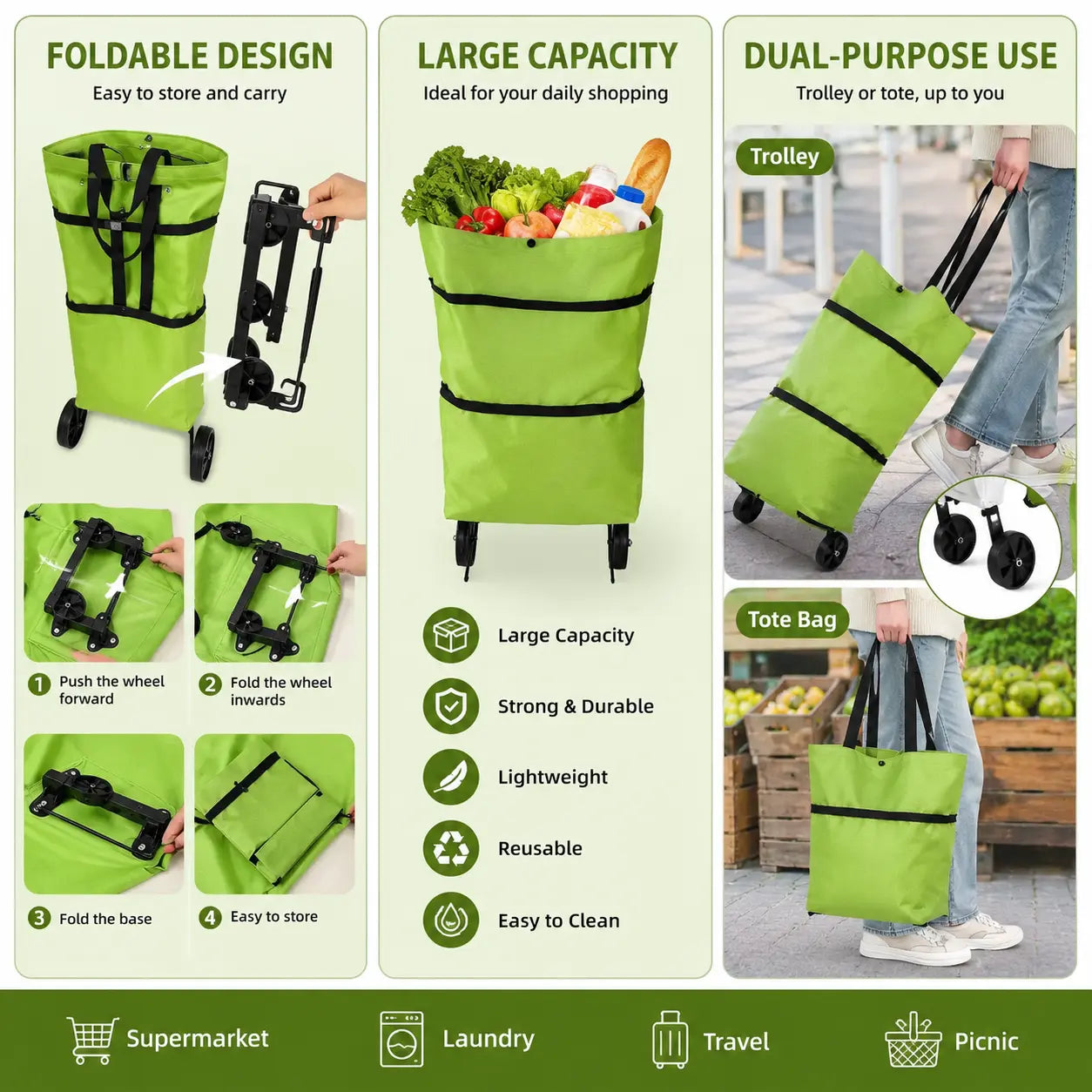 Foldable Shopping Trolley Bag with Wheels, Reusable Rolling Grocery Tote for Supermarket, Travel & Laundry