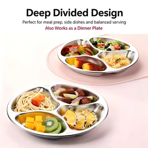 4-Compartment Stainless Steel Divided Plate, Reusable Round Meal Prep Tray for Kitchen, Camping & Picnics