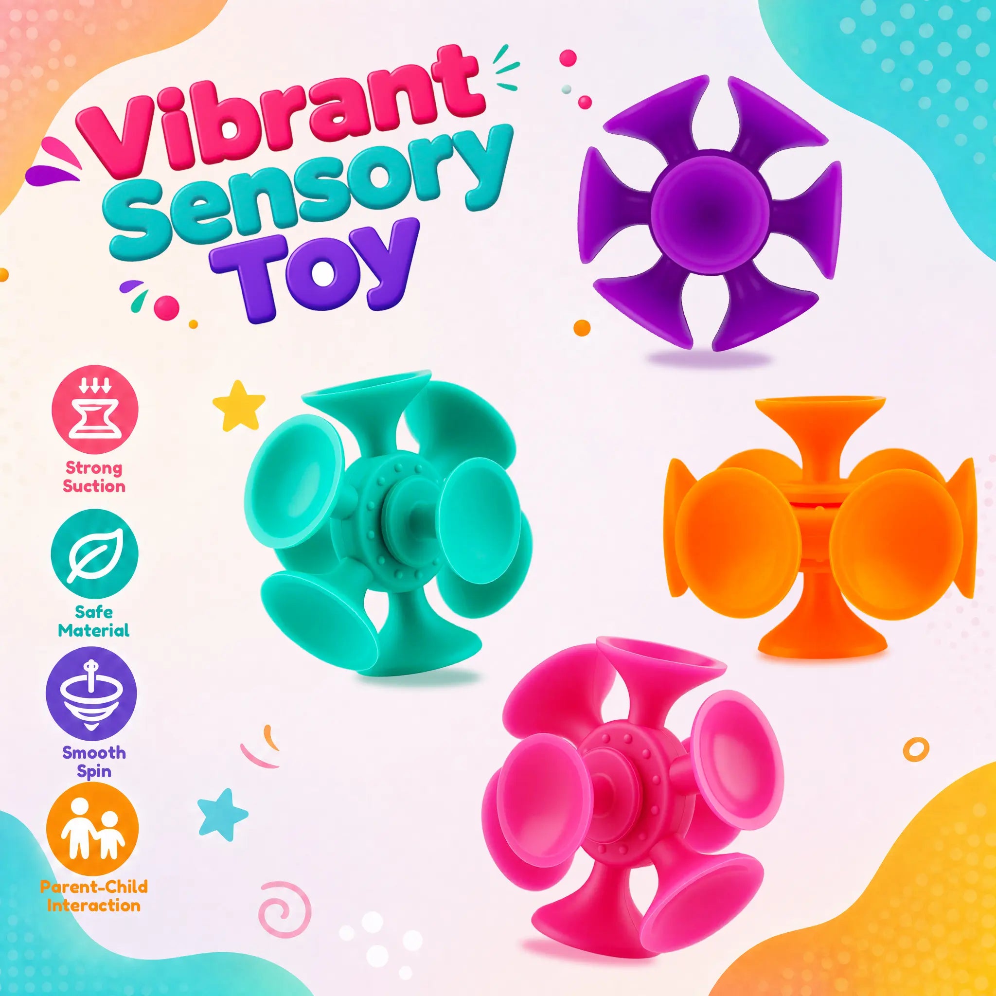 4-Pack Suction Cup Spinner Sensory Toys, Stick-and-Spin Fidget Toys for Toddlers, Travel, Bath & Desk Play