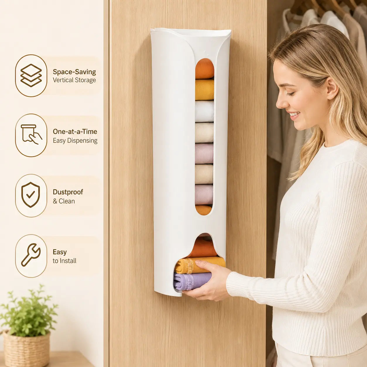 1-Pack Wall Mounted Socks and Underwear Organiser Box, Punch-Free Flip Lid Closet Organiser for Home Wardrobe Storage