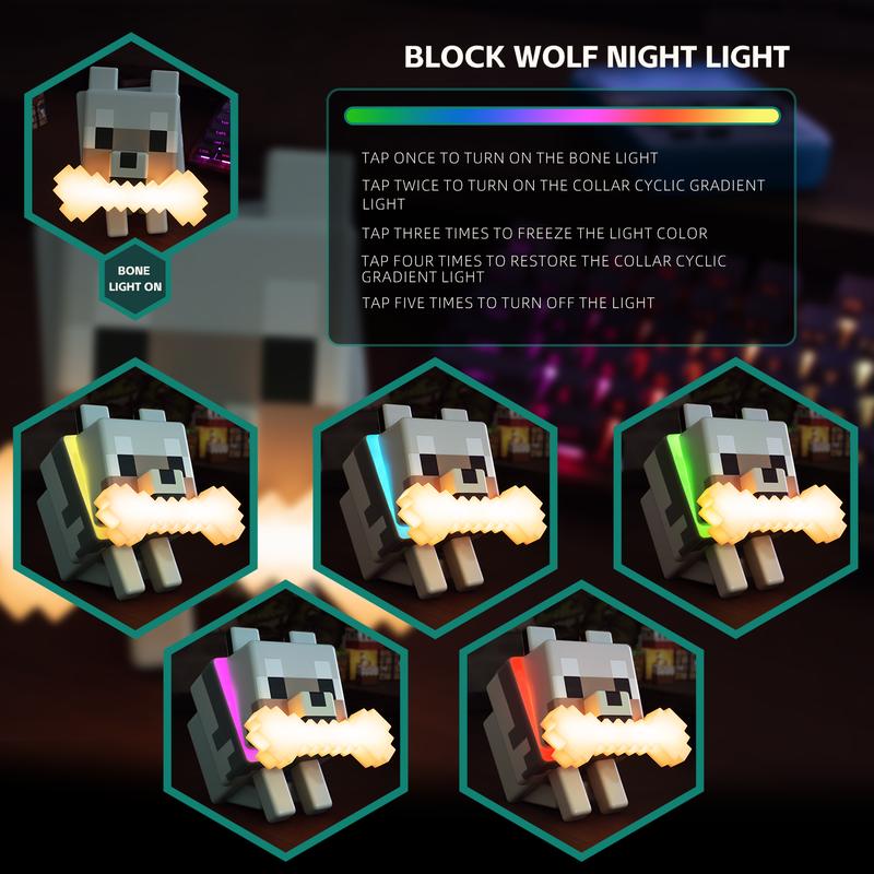 DIYCOM Pixel Wolf LED Night Light Game Style Wolf Lamp with Glowing Bone and RGB Collar Stylish Room Decor Christmas and New Year Gift Idea