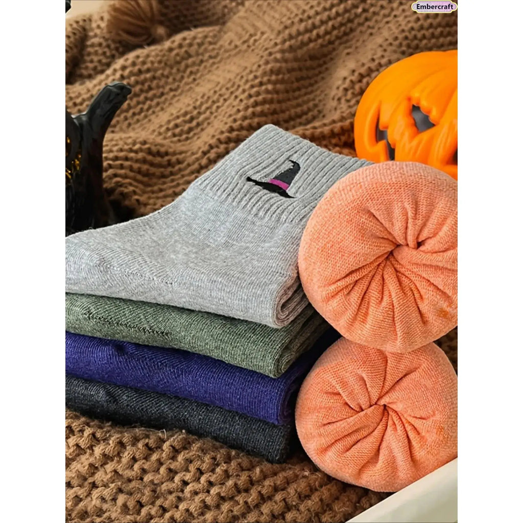 5-Pair Halloween Crew Socks Set, Cozy Mid-Calf Knit Socks with Pumpkin, Ghost & Bat Designs