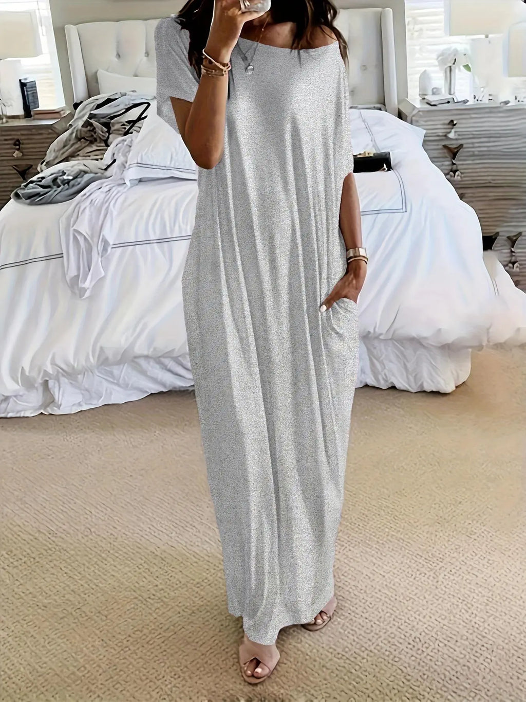 Women's Solid Color Batwing Sleeve Lounge Dress, Casual Short Sleeve Nightdress for Daily Wear & All Seasons Comfort