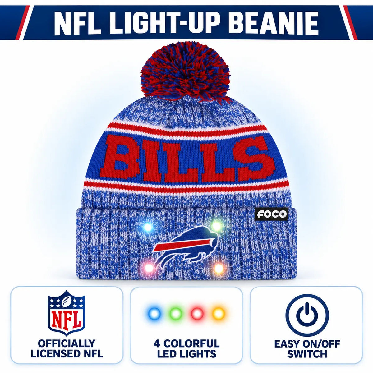 NFL Officially Licensed Team Color Warm Light up Pom Beanie