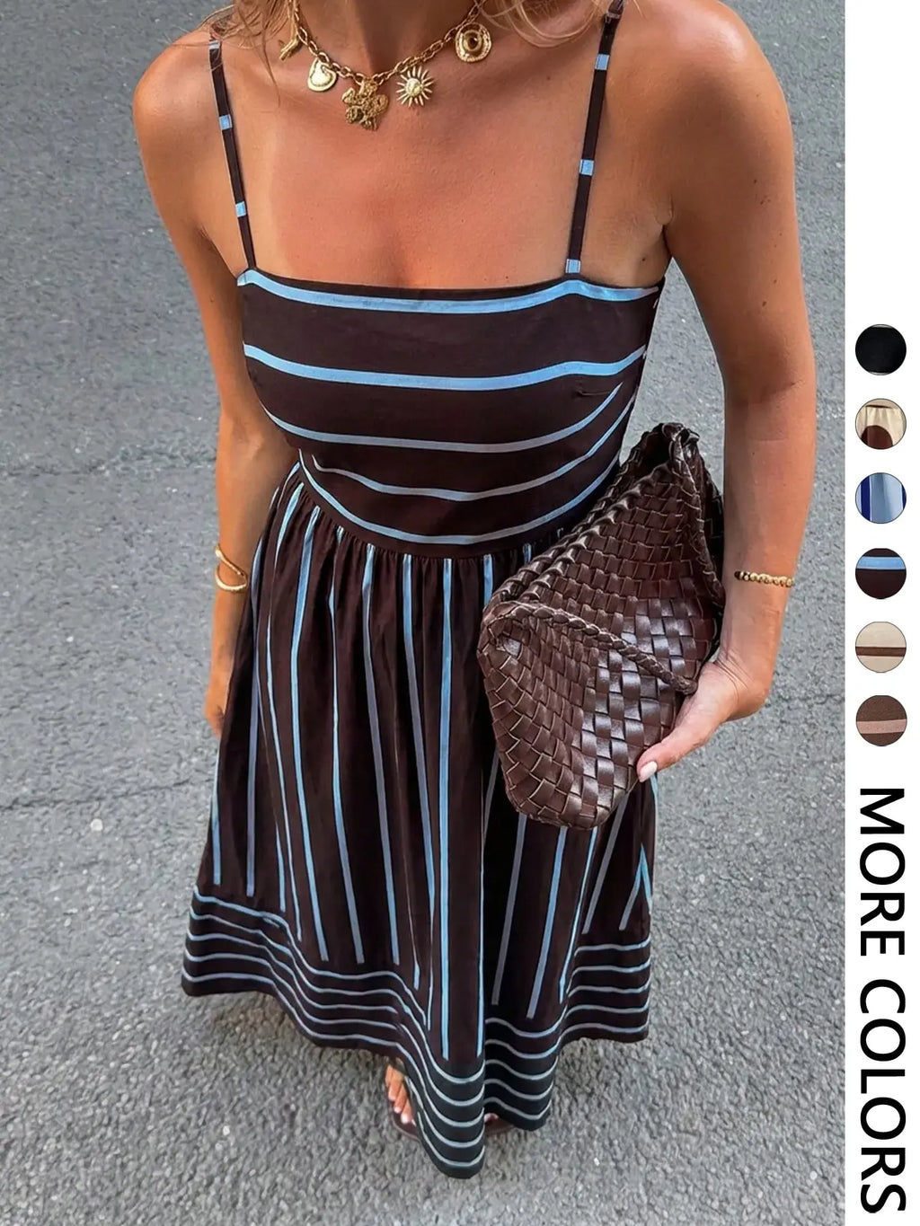 Women's Striped Print Casual Lightweight Summer Vacation Square Neck Thin Strap Dress, French Vintage Style, Perfect for Holidays