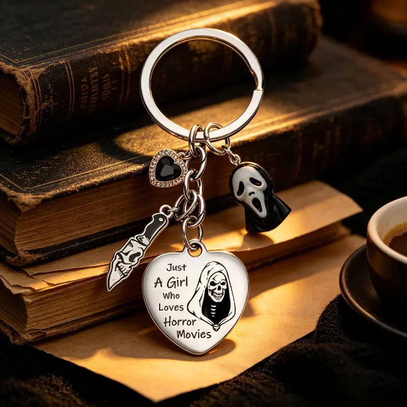 “Just a Girl Who Loves Horror Movies” Gothic Heart Keychain