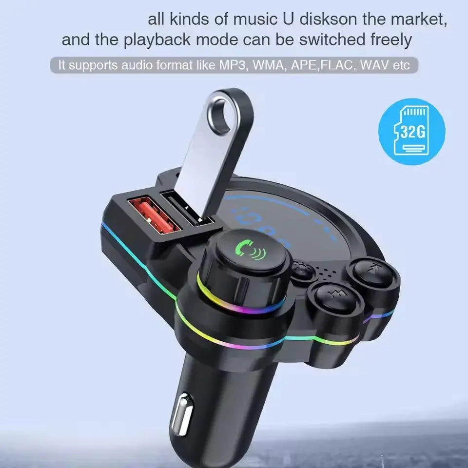 30W PD Bluetooth 5.3 FM Transmitter Car Charger with Dual USB Ports, Hands-Free Calling & RGB Light for 12V–24V Vehicles