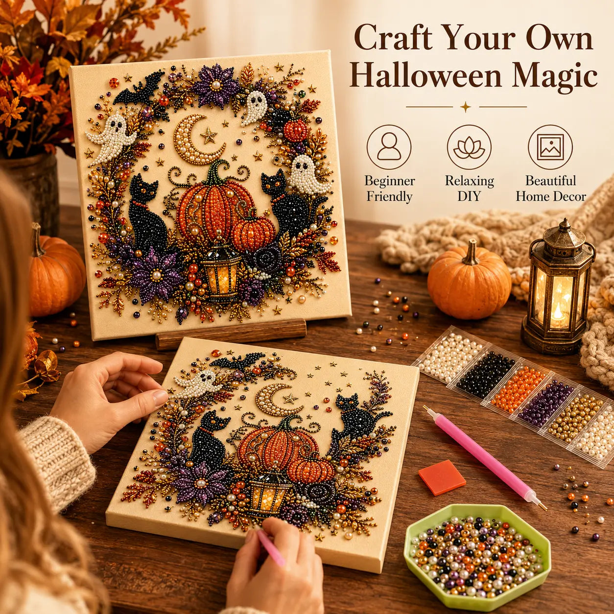 Halloween 5D Diamond Painting Kit with Tools, DIY Gem Art Canvas for Adults & Teens, Pumpkin Ghost Witch Cat Wall Decor Craft
